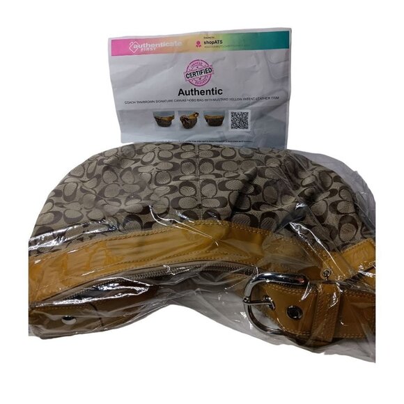 Coach Tan/Brown Signature Canvas Hobo Bag With Mustard Yellow Patent Leather Tri - Picture 4 of 13